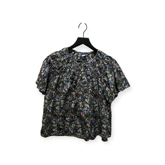 Old Navy Women’s Blue Floral Ruffle Short Sleeve Crew Neck Blouse Top Button 425 - Picture 1 of 6